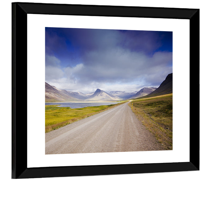 Iceland Gravel Road Landscape Wall Art as a framed print