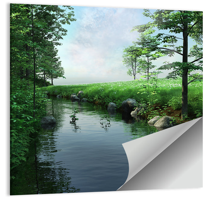 Tranquil Meadow Stream with Wildflowers Wall Art as a poster print