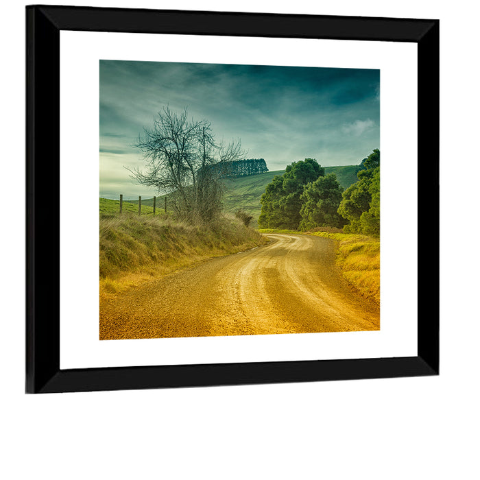 Golden Country Road Wall Art as a framed print