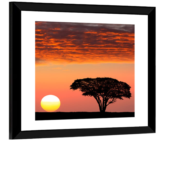 Serengeti Sunset Silhouette Wall Art as a framed print