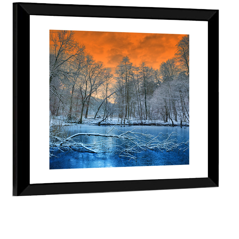 Sunset Over Winter Forest Lake Wall Art