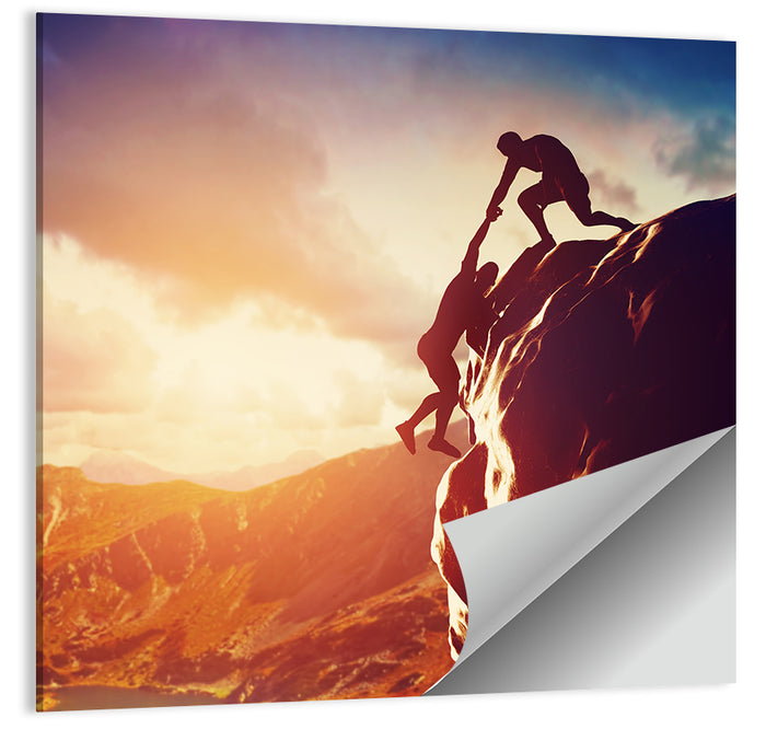 Two Hikers Summit Assist at Sunset Wall Art as a poster print