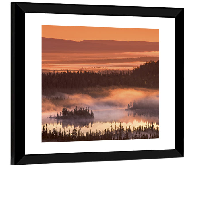 Lapland Sunrise Over Misty Lake Wall Art as a framed print