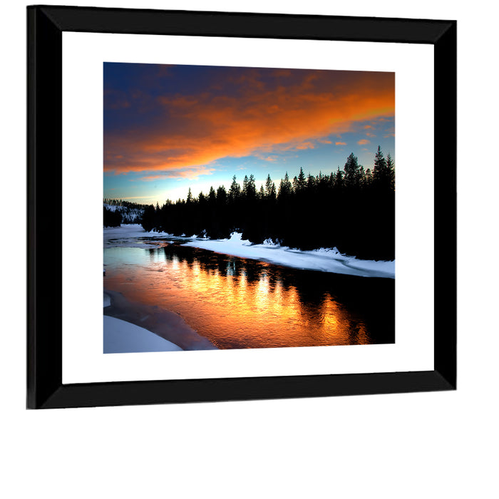 Golden Sunset Over Snowy River Wall Art as a framed print