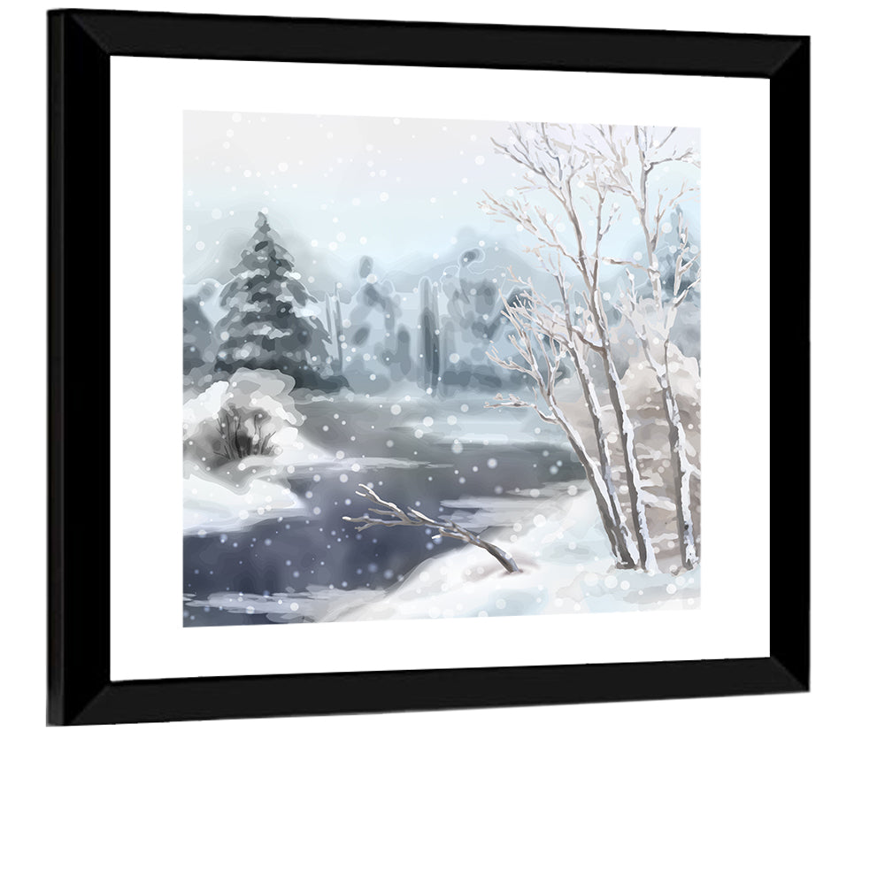 Snowy Stream in Winter Forest Wall Art