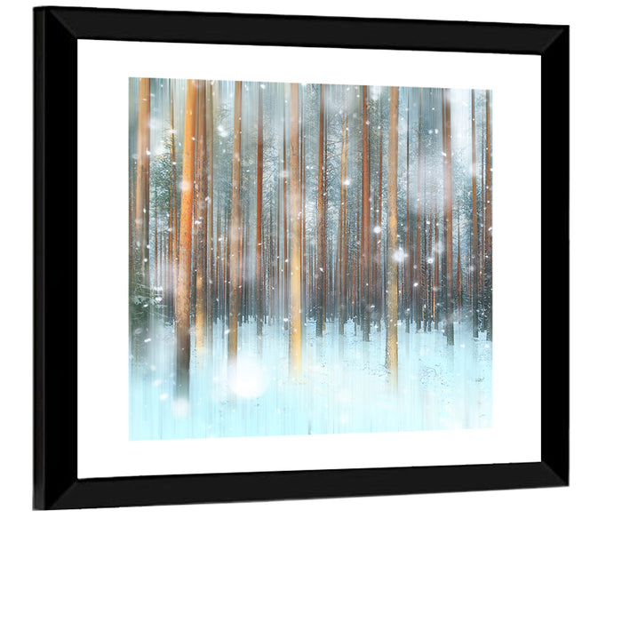 Ethereal Snowy Pine Forest Wall Art as a framed print