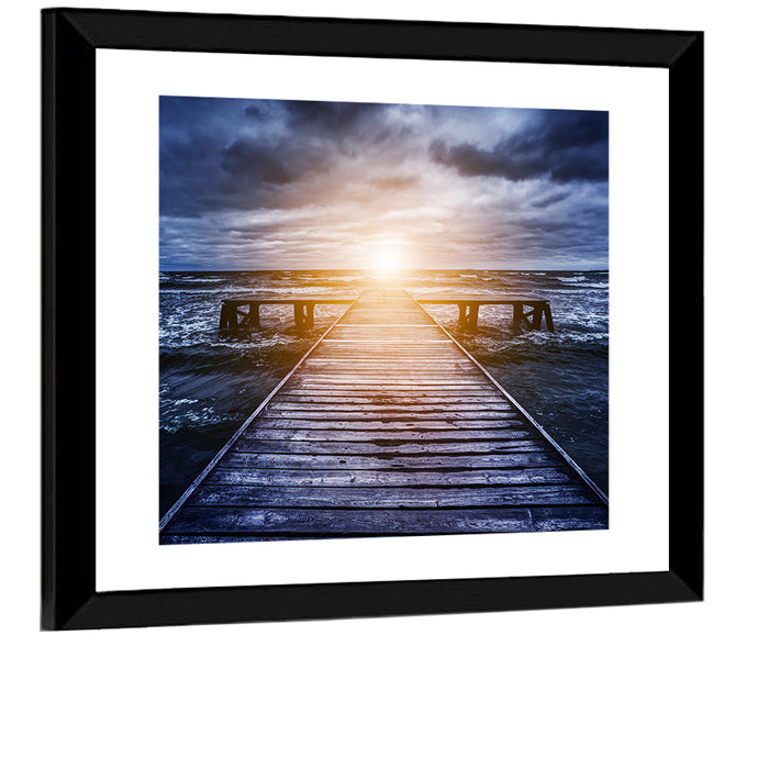 Sunlit Wooden Jetty at Dusk Wall Art as a framed print