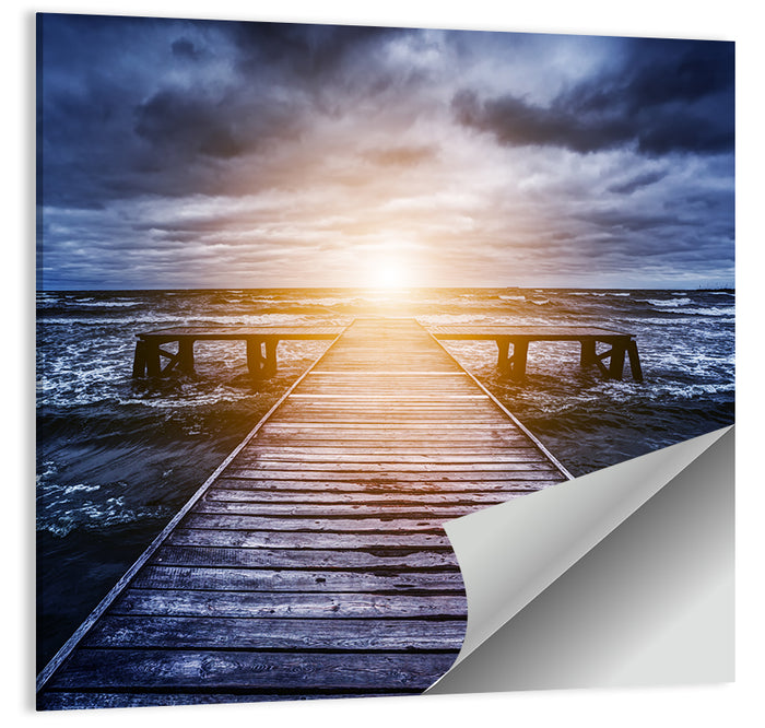 Sunlit Wooden Jetty at Dusk Wall Art as a poster print
