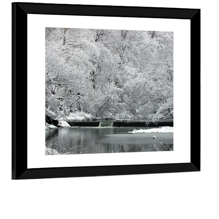 Fairmount Park Winter Spillway Wall Art as a framed print
