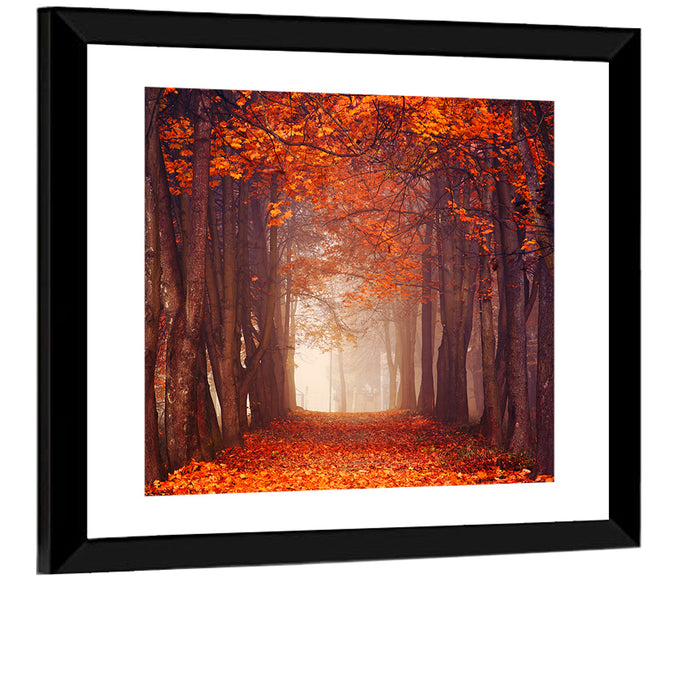 Misty Autumn Forest Path Wall Art as a framed print