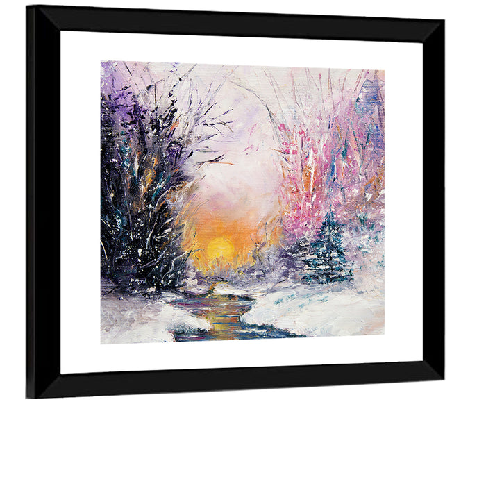 Golden Sunset Winter Stream Wall Art as a framed print