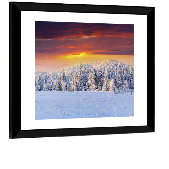 Snowy Forest Sunset Wall Art as a framed print