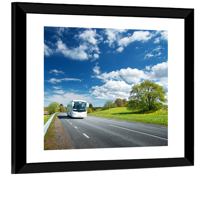 White Bus on Meadow Road Wall Art as a framed print