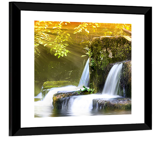 Sunlit Forest Waterfall Wall Art as a framed print