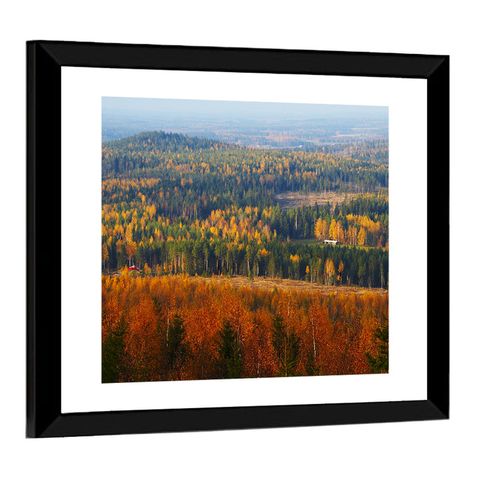 Finnish Autumn Landscape with Red-roofed House Wall Art as a framed print