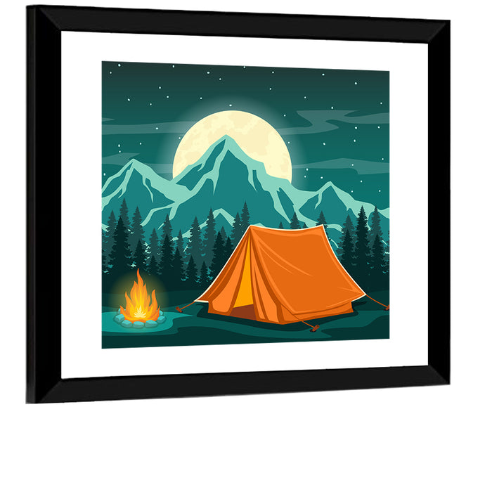 Moonlit Campfire Landscape Wall Art as a framed print