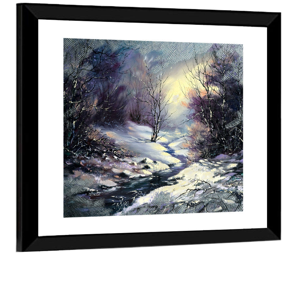 Sunlit Frozen Stream in Winter Forest Wall Art