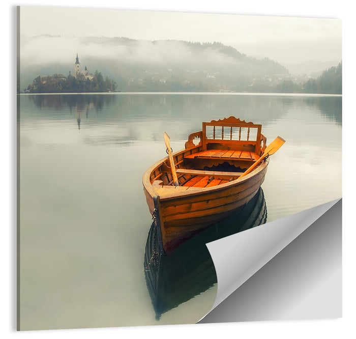 Wooden Boat on Misty Lake Bled Wall Art as a poster print