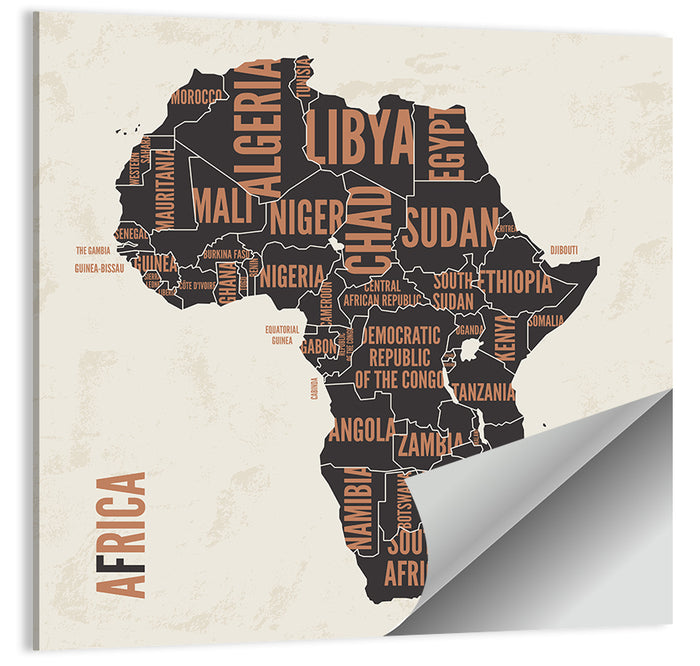 Typographic Africa Map with Country Names Wall Art as a poster print