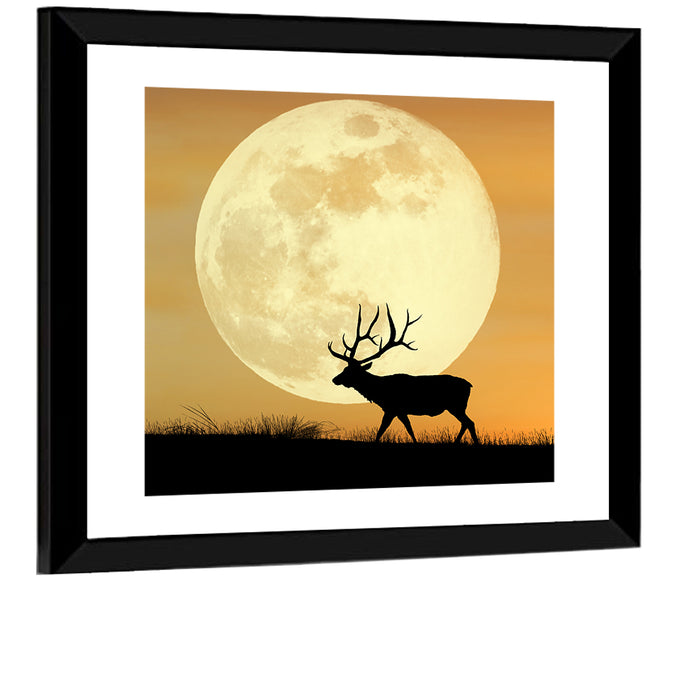 Bull Elk Silhouette Under Supermoon Wall Art as a framed print