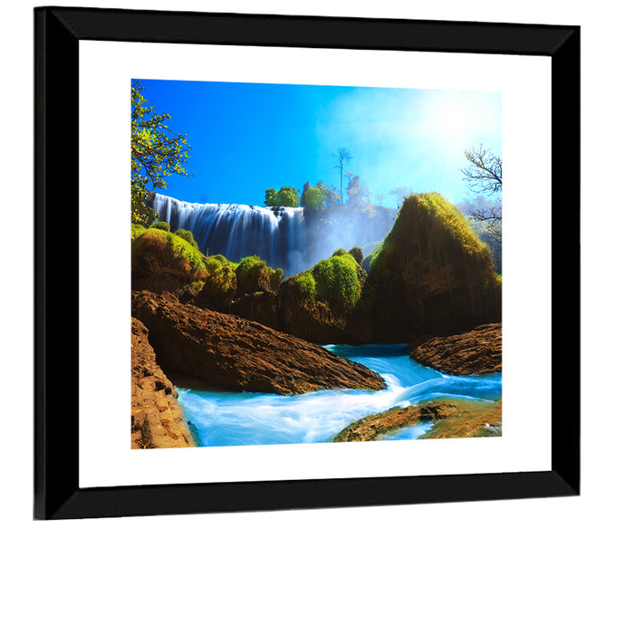 Sunlit Turquoise Waterfall Wall Art as a framed print