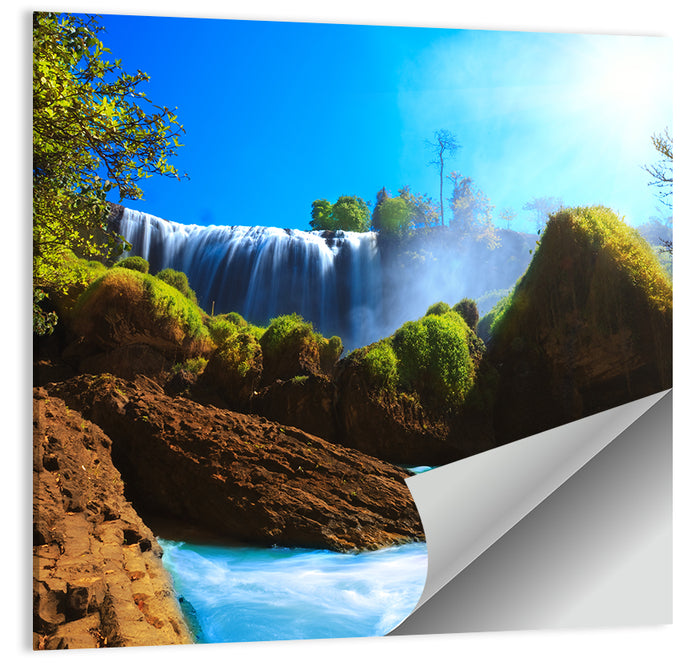 Sunlit Turquoise Waterfall Wall Art as a poster print