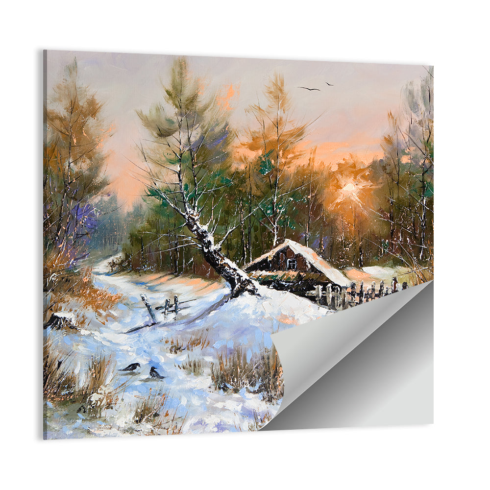 Winter Forest Path with Cabin Wall Art