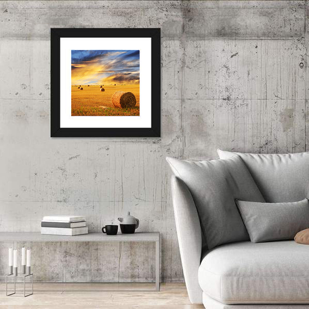 Sunset Over Hay Bales Wall Art