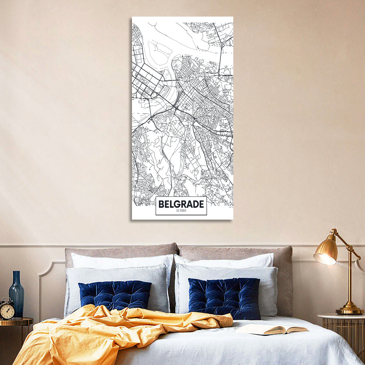Minimalist Belgrade Map Wall Art in a room, portrait