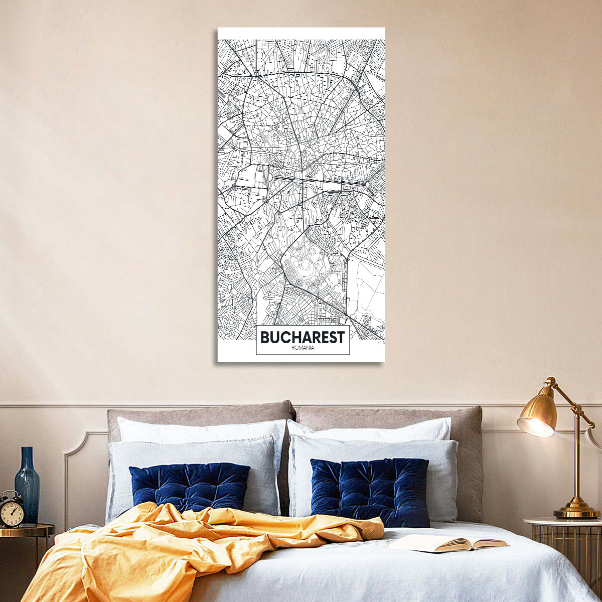 Bucharest City Map Wall Art in a room, portrait