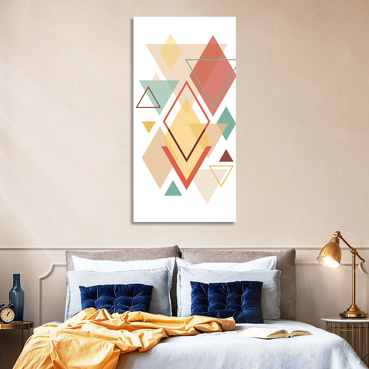 Layered Scandinavian Geometric Abstract Wall Art in a room, portrait