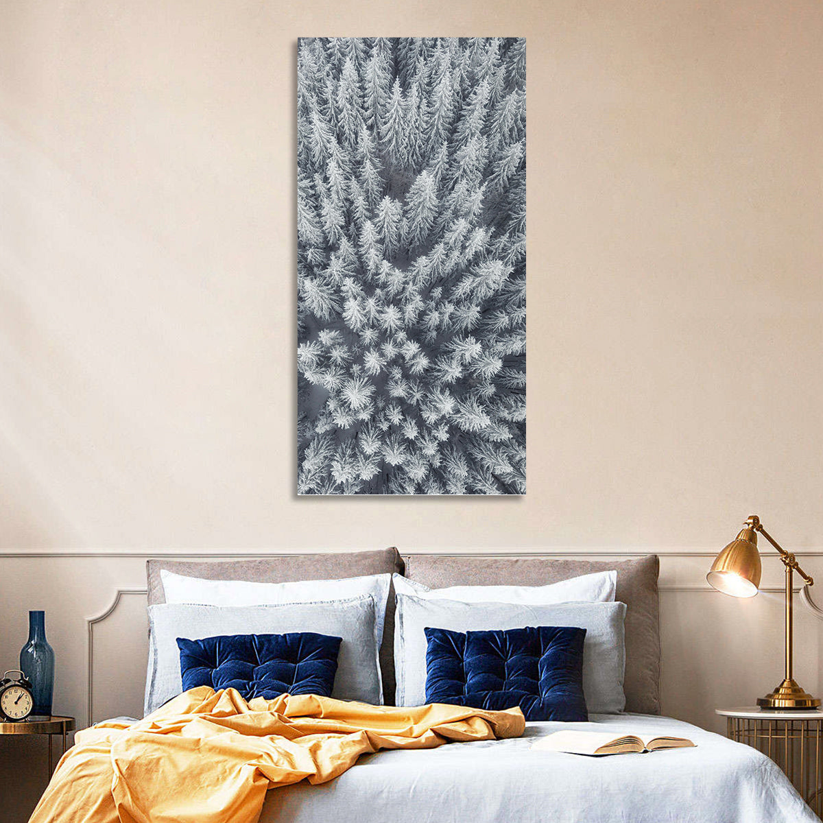 Snow Covered Pine Forest Wall Art in a room, portrait