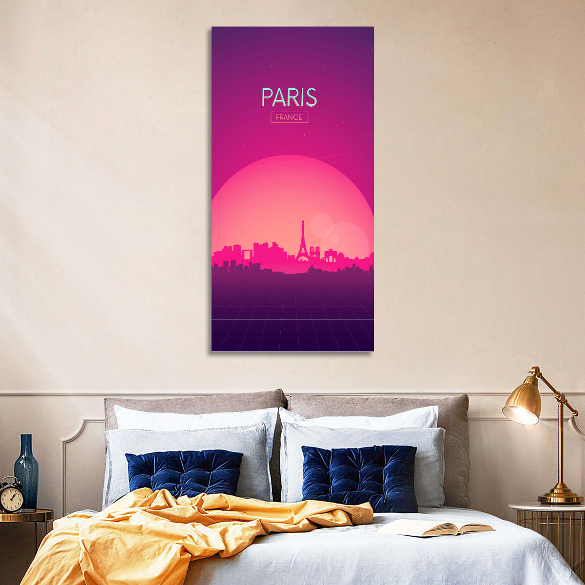 Paris Synthwave Skyline Wall Art in a room, portrait
