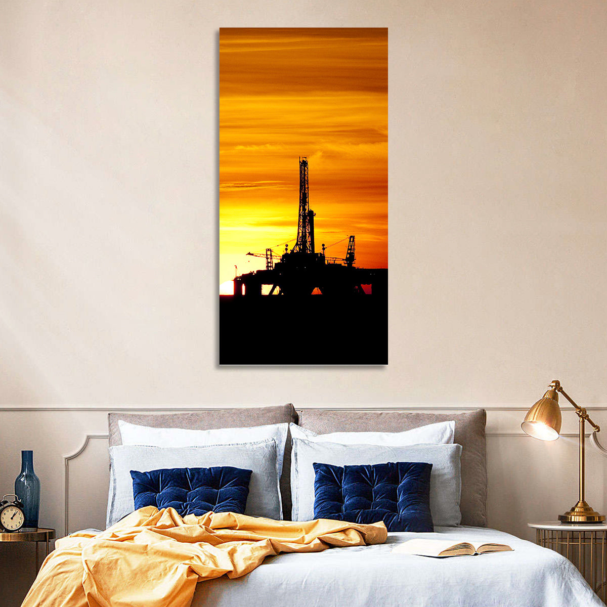 Offshore Oil Rig at Sunset Wall Art in a room, portrait