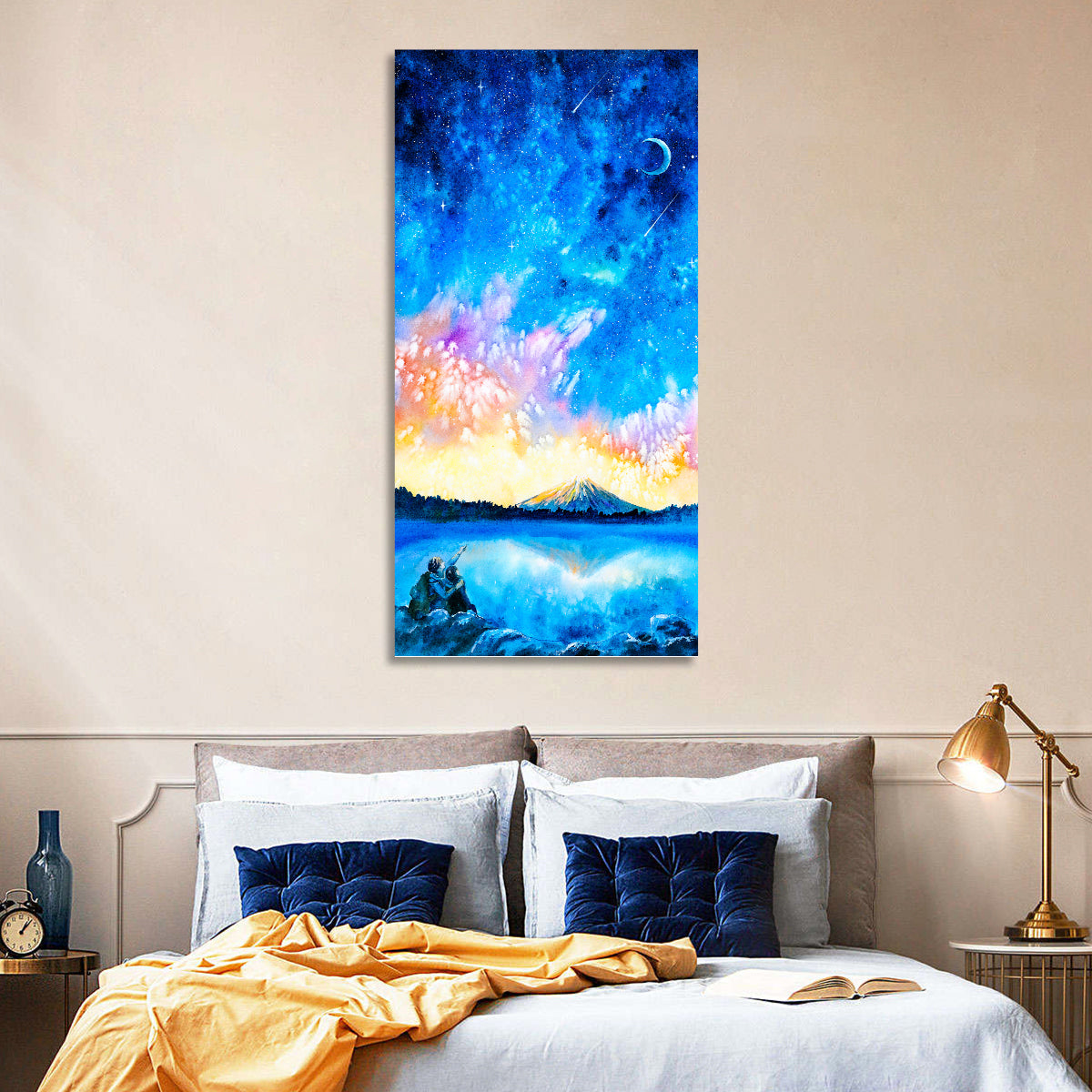 Starry Night Mountain Lake Wall Art in a room, portrait