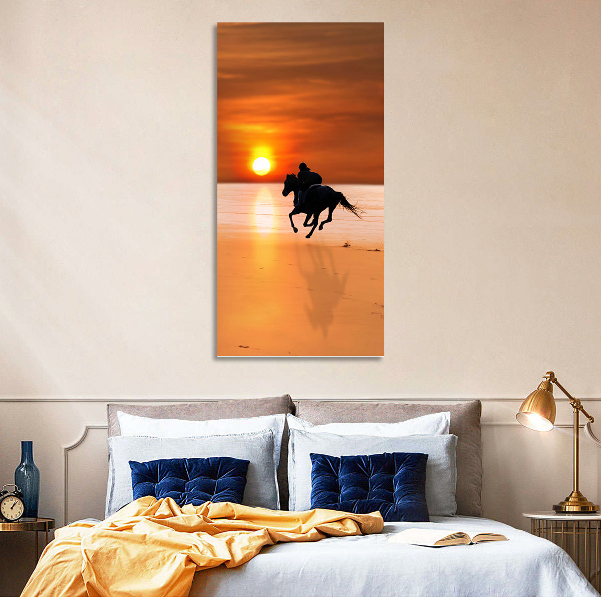 Horse and Rider at Sunset Wall Art in a room, portrait