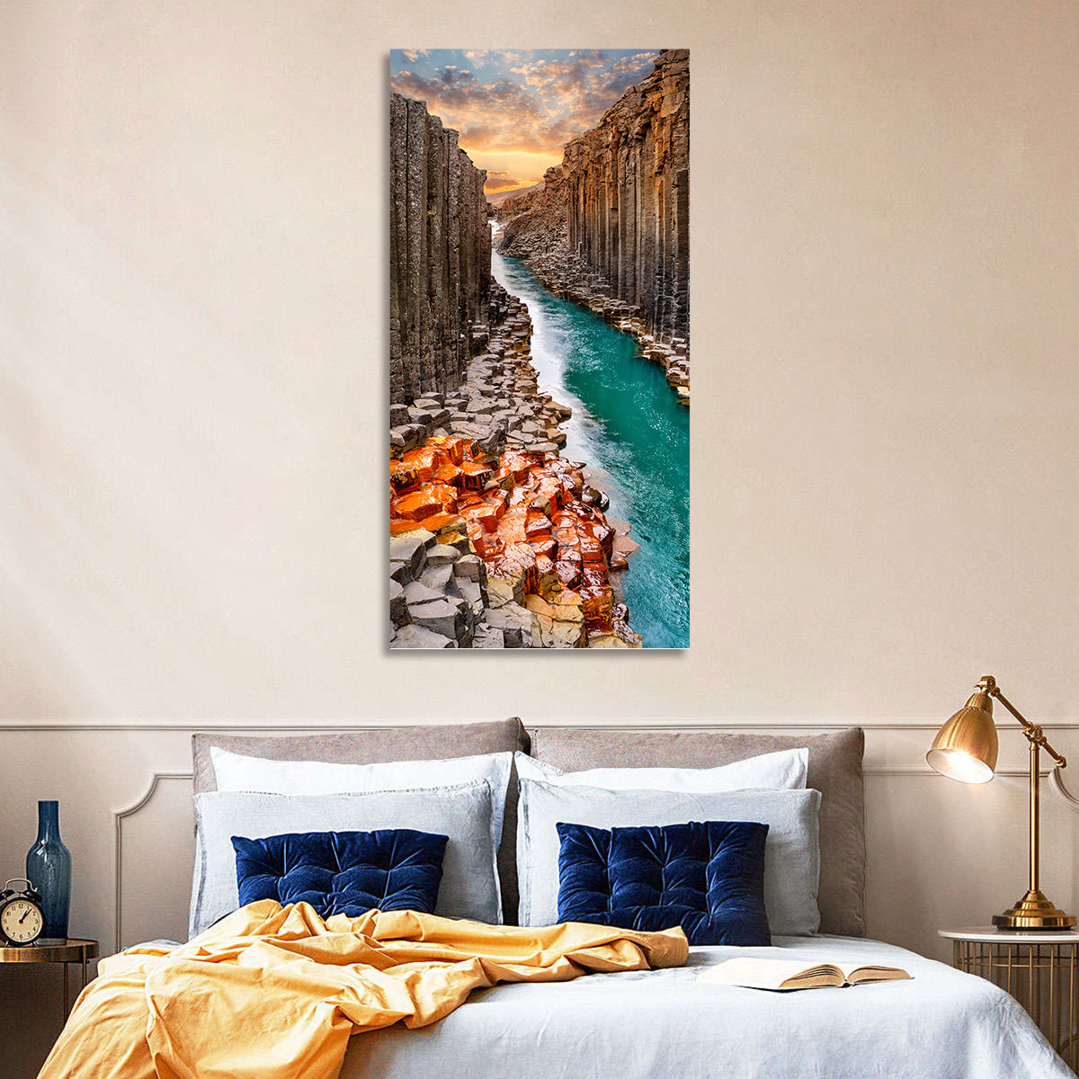 Stuðlagil Canyon Basalt Columns at Golden Hour Wall Art in a room, portrait