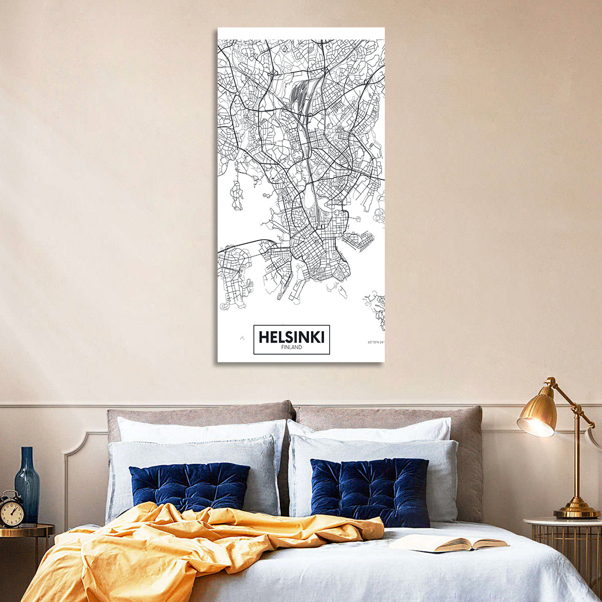 Helsinki Street Grid Map Wall Art in a room, portrait