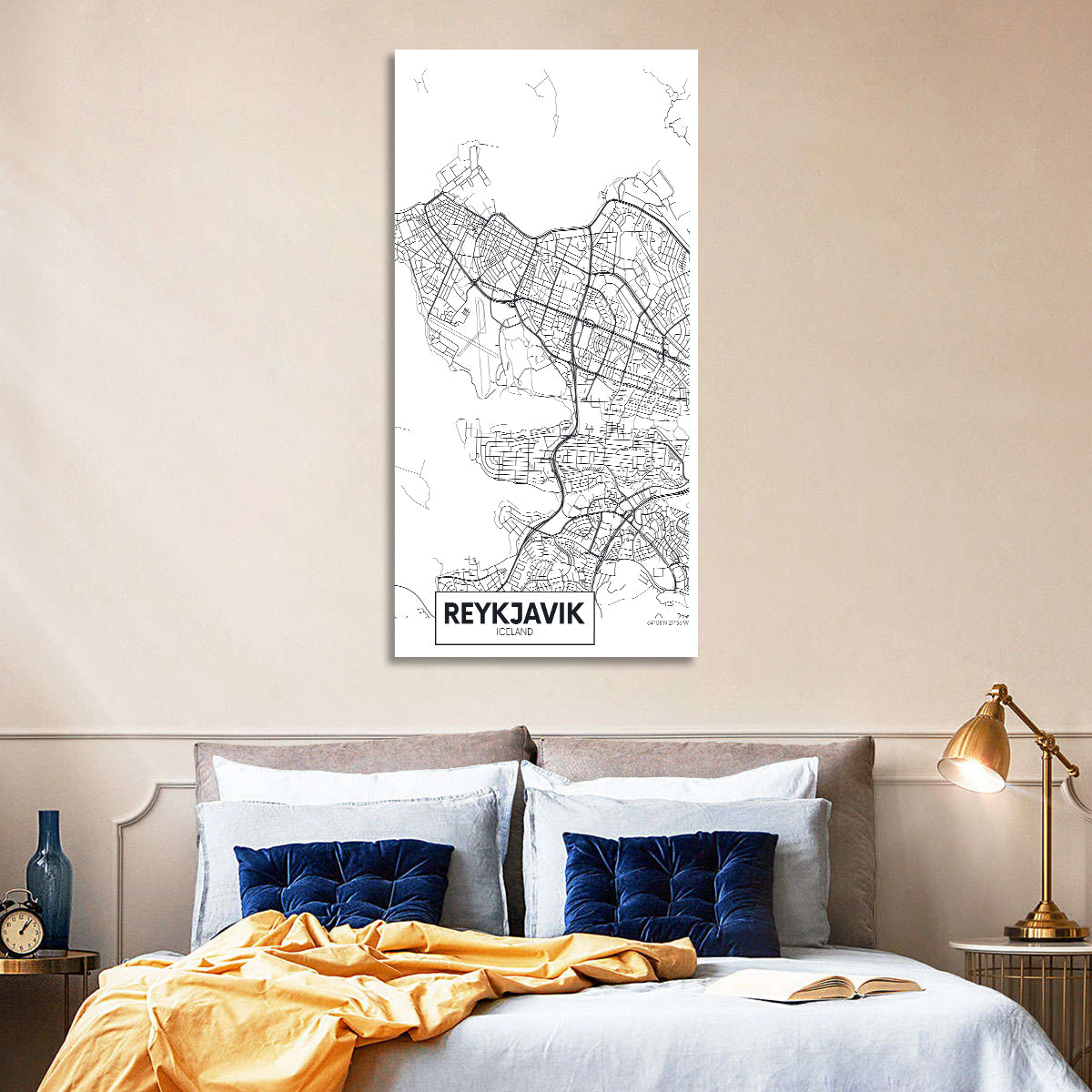 Reykjavik Aerial Map with Runway Wall Art in a room, portrait