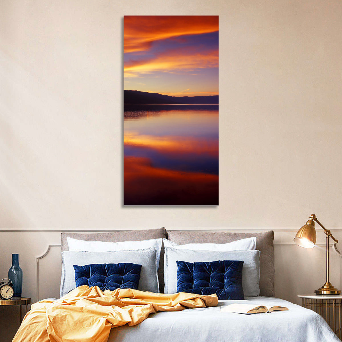 Dusk Over Mountain Lake Wall Art in a room, portrait