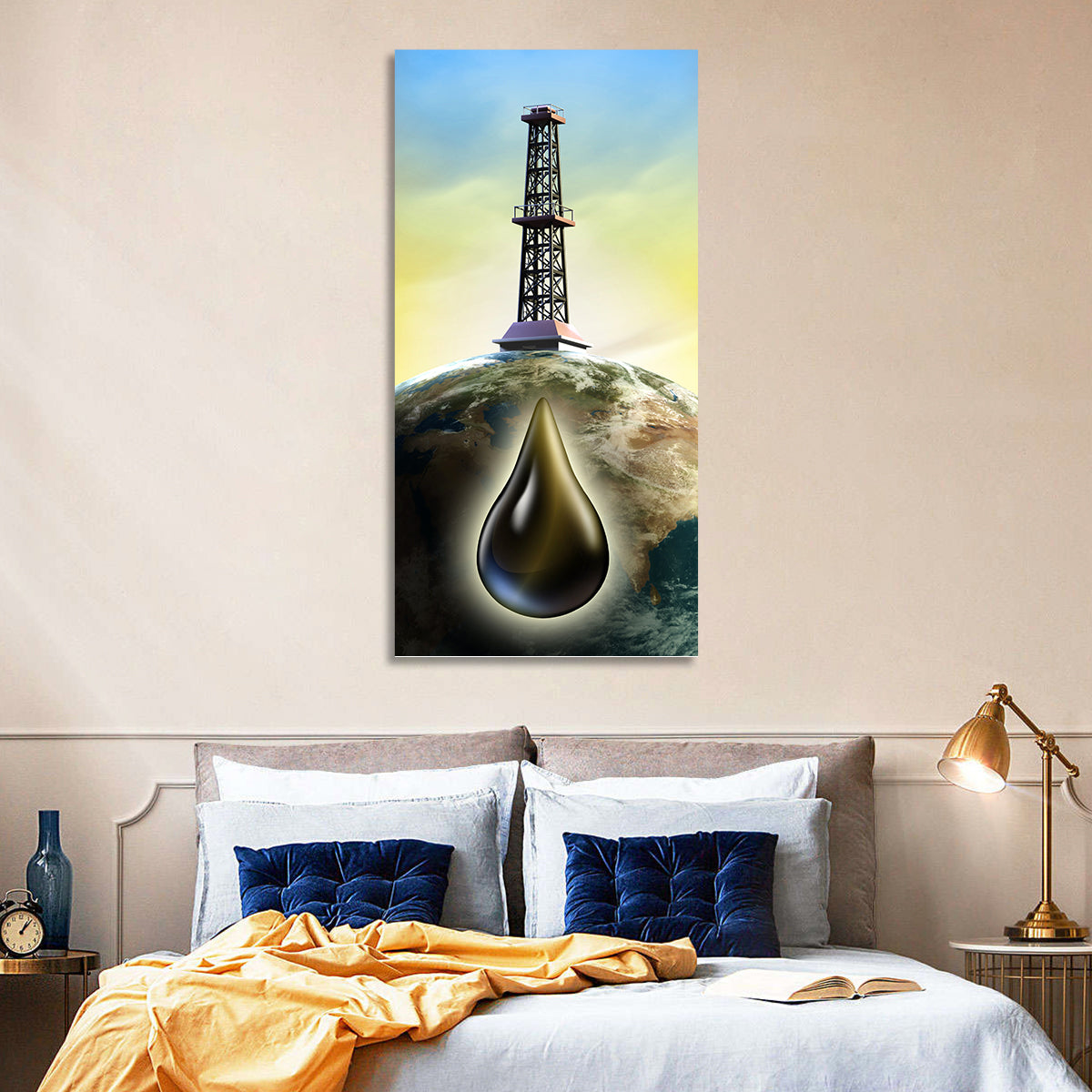 Oil Derrick with Glowing Drop Wall Art in a room, portrait