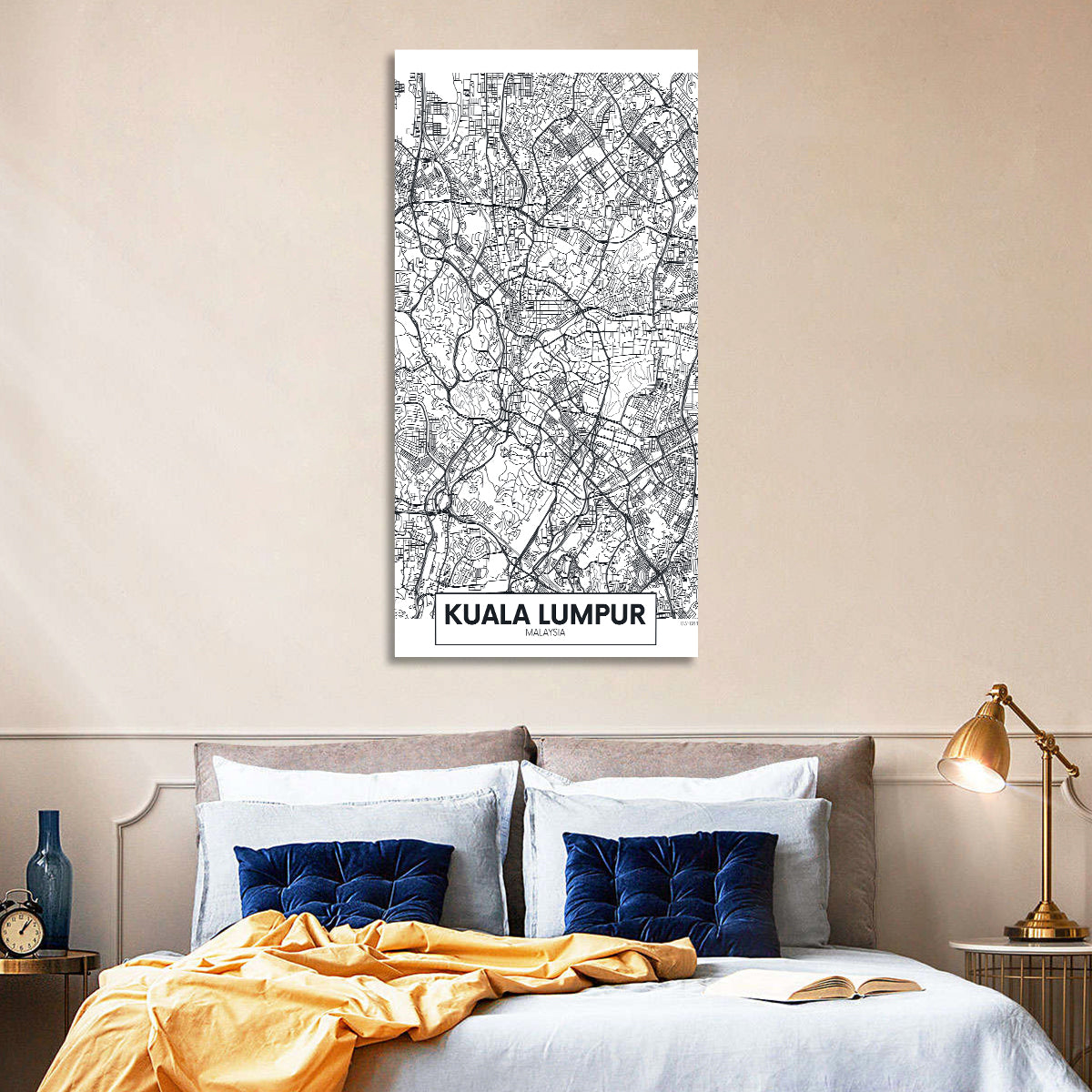Kuala Lumpur Street Grid Map Wall Art in a room, portrait