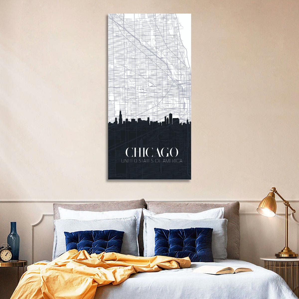 Chicago Skyline Map Wall Art in a room, portrait
