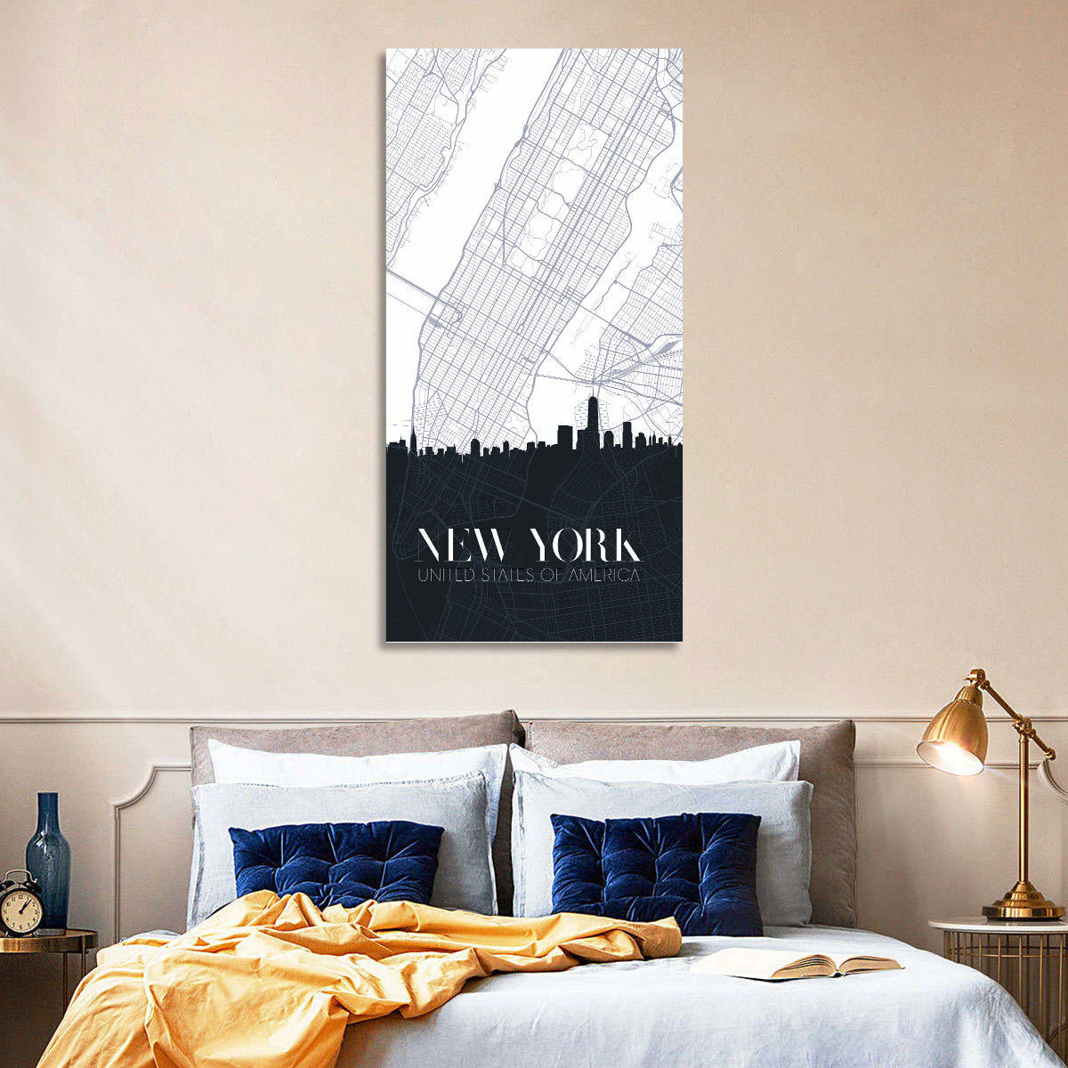 Manhattan Map with Skyline Wall Art in a room, portrait