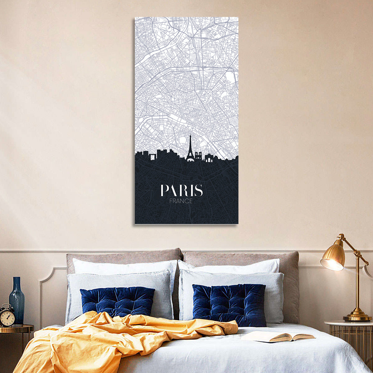 Paris Map with Eiffel Silhouette Wall Art in a room, portrait