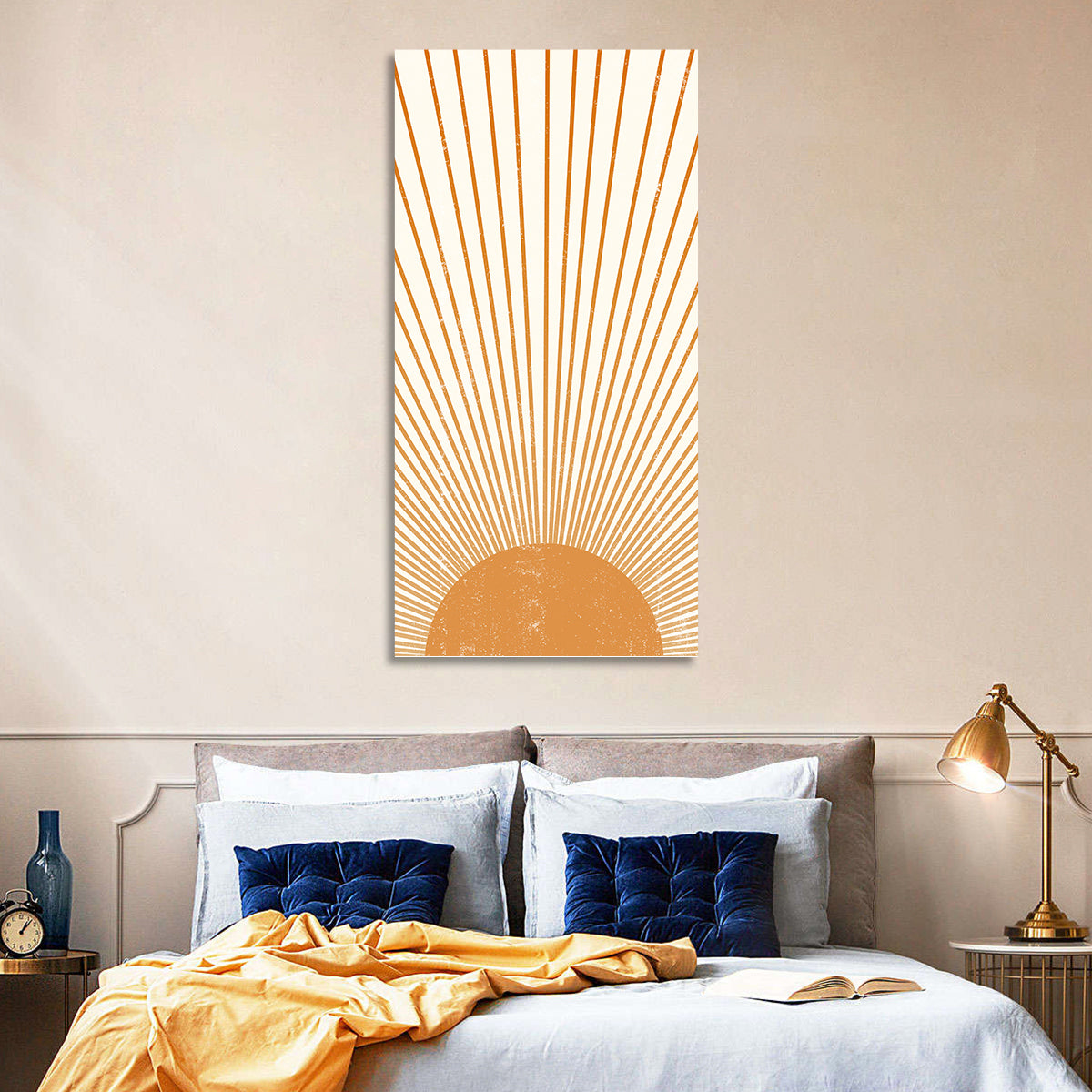 Distressed Sunburst Minimalist Wall Art in a room, portrait