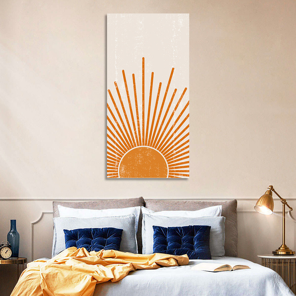 Warm Boho Sun Illustration Wall Art in a room, portrait