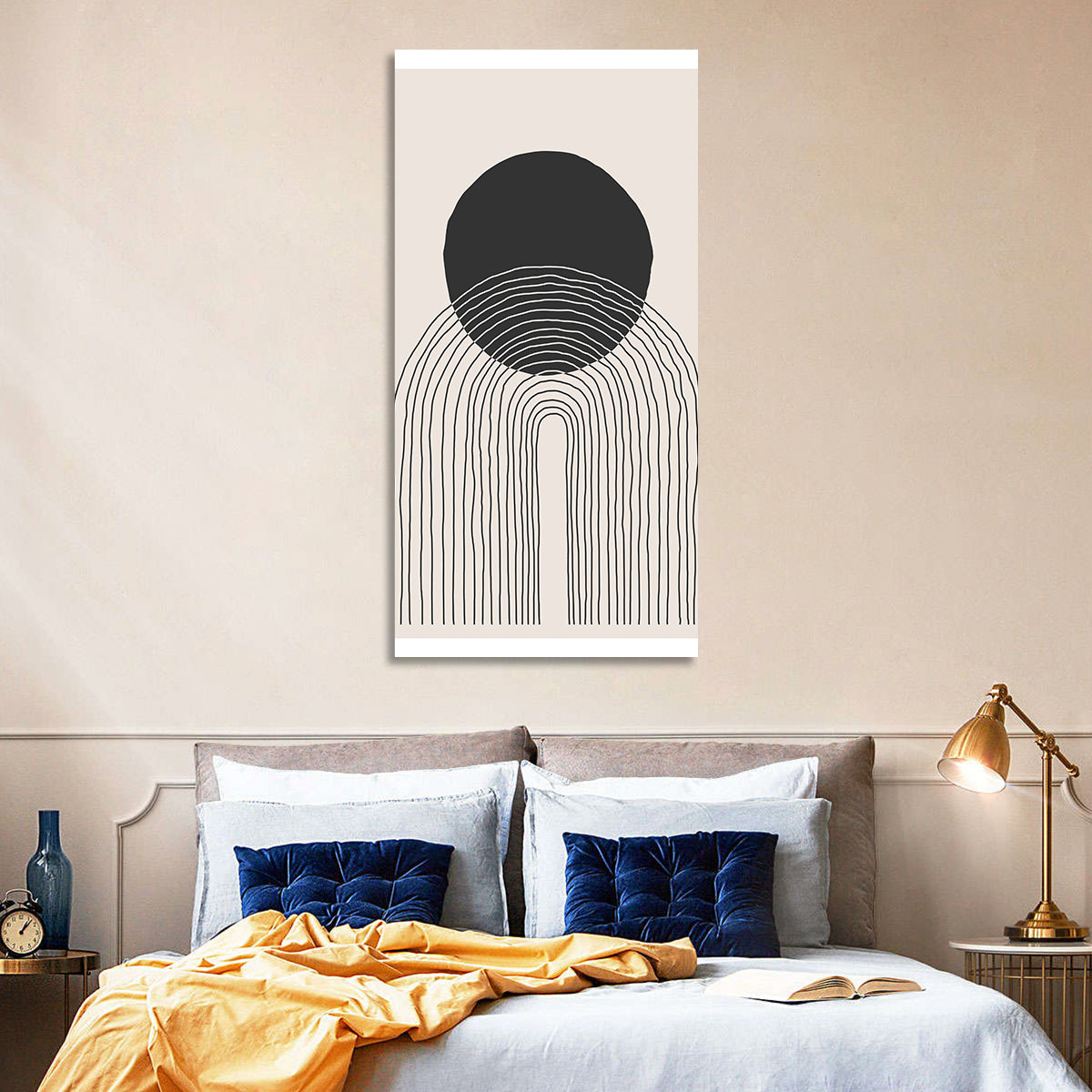 Minimalist Black Sun Wall Art in a room, portrait