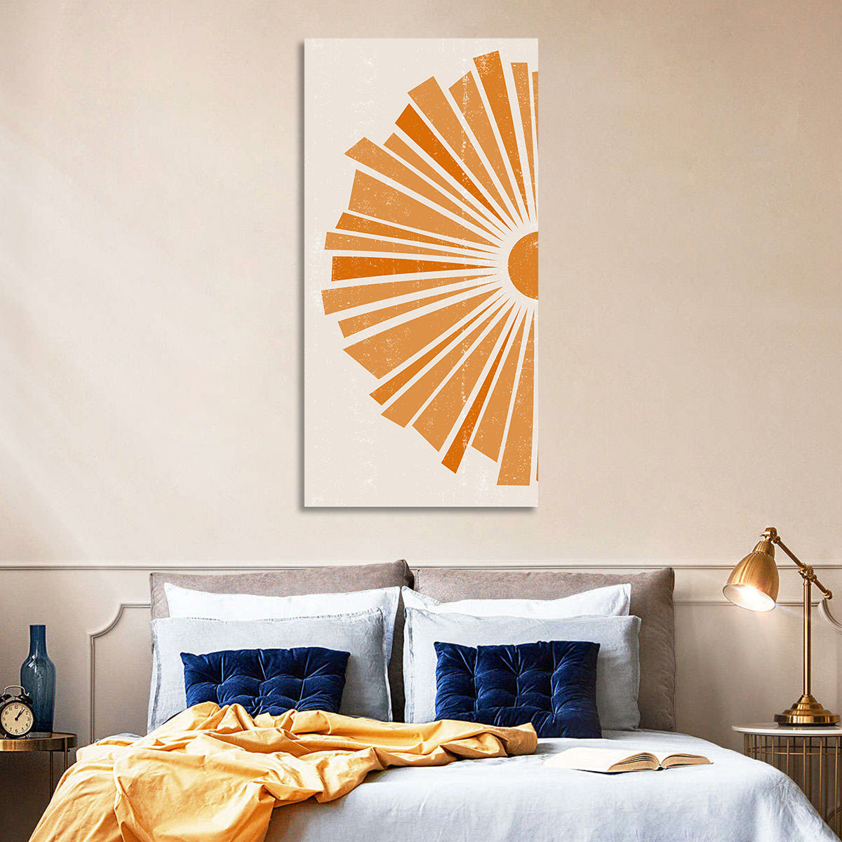 Semicircular Sunburst Minimalist Wall Art in a room, portrait