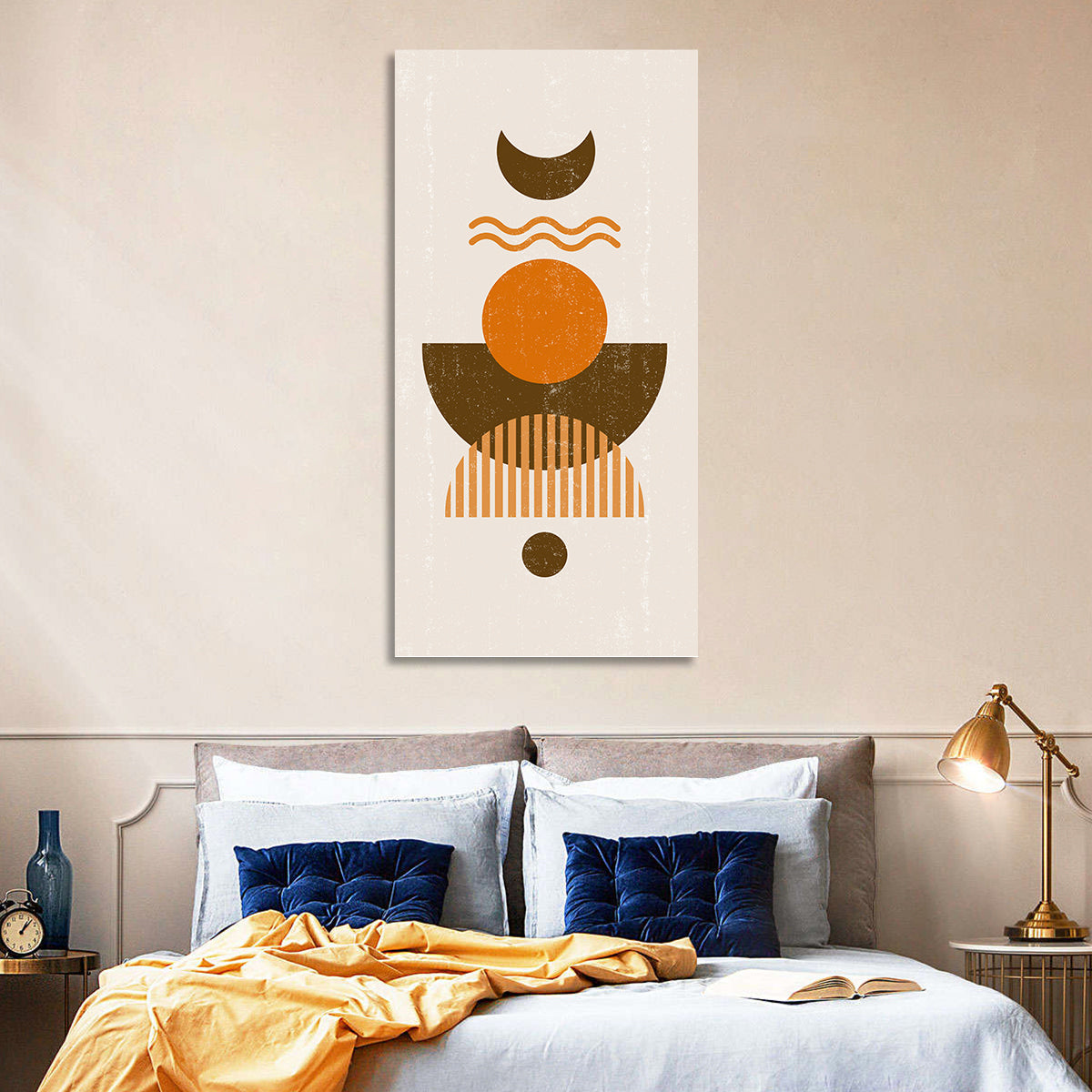 Earthy Sun and Crescent Moon Wall Art in a room, portrait